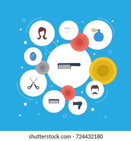Flat Icons Deodorant, Comb, Moustache And Other Vector Elements. Set Of Barber Flat Icons Symbols Also Includes Dryer, Mirror, Razor Objects.
