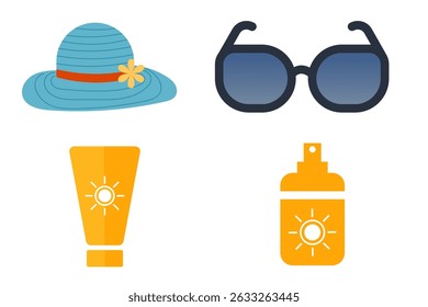 Flat icons depict summer sun protection items a sun hat with a flower, sunglasses, sunscreen lotion tube, and spray bottle, all with sun symbols.