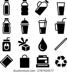 Flat icons depicting various beverage containers drinks packaging and recycling symbols for lifestyle and ecofriendly content