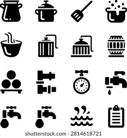 Flat icons depicting various kitchen cooking tools and brewing equipment with water elements