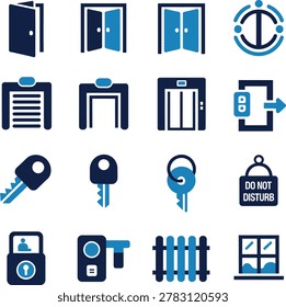 Flat icons depicting various security and access control symbols for building and facility management