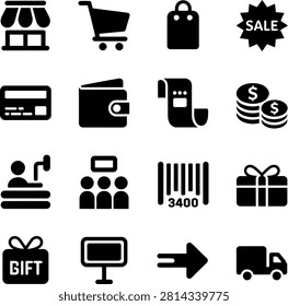 Flat icons depicting various shopping sale and financial transaction activities with gift and delivery elements