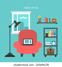 Flat icons design for modern home office concept with laptop on armchair