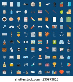 Flat icons design modern vector illustration big set of various financial service items, web and technology development, business management symbol, marketing items and office equipment on background