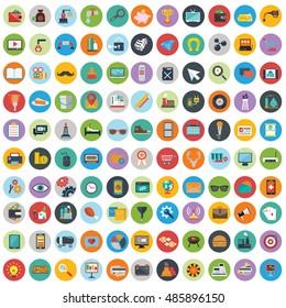 Flat icons design modern vector illustration big set of various financial service items, web and technology development, business management symbol, marketing items and office equipment on background