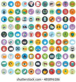 Flat icons design modern vector illustration big set of various financial service items, web and technology development, business management symbol, marketing items and office equipment on background