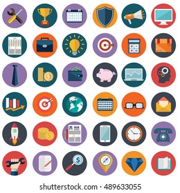 Flat icons design modern vector illustration big set of various financial service items, web and technology development, business management symbol, marketing items and office equipment on background