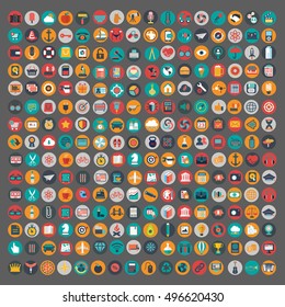 Flat icons design modern vector illustration big set of various financial service items, web and technology development, business management symbol, marketing items and office equipment on background.