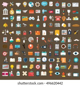 Flat icons design modern vector illustration big set of various financial service items, web and technology development, business management symbol, marketing items and office equipment on background.