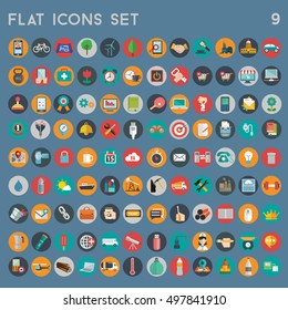 Flat icons design modern vector illustration big set of various financial service items, web and technology development, business management symbol, marketing items and office equipment on background.