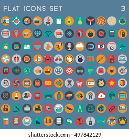 Flat icons design modern vector illustration big set of various financial service items, web and technology development, business management symbol, marketing items and office equipment on background.
