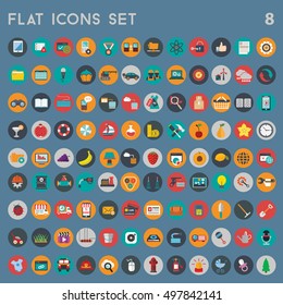 Flat icons design modern vector illustration big set of various financial service items, web and technology development, business management symbol, marketing items and office equipment on background.
