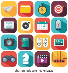 Flat icons design modern vector illustration big set of various financial service items, web and technology development, business management symbol, marketing items and office equipment on background.