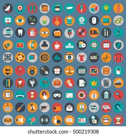 Flat icons design modern vector illustration big set of various financial service items, web and technology development, business management symbol, marketing items and office equipment on background.