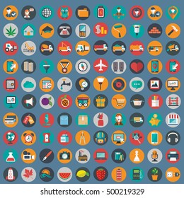 Iconos planos diseñan una ilustración vectorial moderna gran conjunto de varios elementos de servicio financiero, desarrollo web y tecnológico, símbolo de gestión empresarial, artículos de marketing y equipos de oficina en segundo plano.