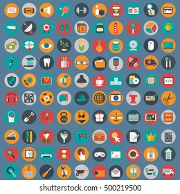 Flat icons design modern vector illustration big set of various financial service items, web and technology development, business management symbol, marketing items and office equipment on background.