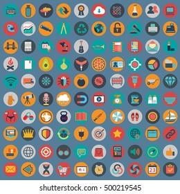 Flat icons design modern vector illustration big set of various financial service items, web and technology development, business management symbol, marketing items and office equipment on background.