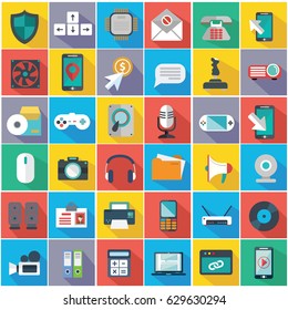 Flat icons design modern vector illustration big set of various financial service items, web and technology development, business management symbol, marketing items and office equipment on background.