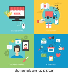 Flat icons design for online shopping, fast delivery, customer support and e-commerce
