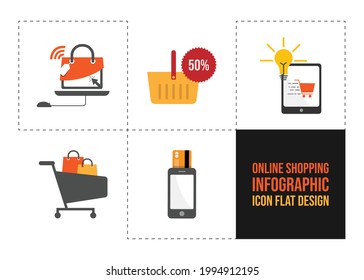 Flaches Icons-Design für Infografiken zu Online-Shopping-Schritten. Infografik Business Concept - Web Online Shopping - Icons Illustration in flachem Design Stil des E-Commerce Vektorsymbole Set