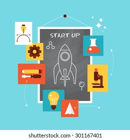Flat icons design for start up and launch of new product on chalkboard