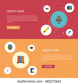 Flat Icons Desk Light, Calculate, Puncher And Other Vector Elements. Set Of Workspace Flat Icons Symbols Also Includes Stand, Machine, Calculator Objects.