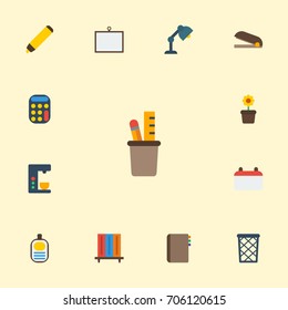 Flat Icons Desk Light, Puncher, Espresso Machine And Other Vector Elements. Set Of Workspace Flat Icons Symbols Also Includes Bookshop, Marker, Whiteboard Objects.