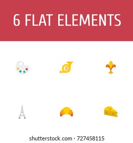 Flat Icons Dessert, Palette, Trombone And Other Vector Elements. Set Of Europe Flat Icons Symbols Also Includes Fleur, Croissant, Skyscraper Objects.