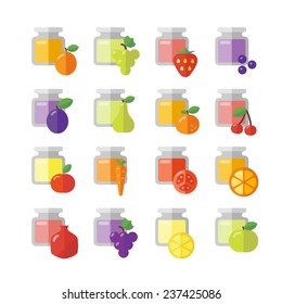 Flat icons of different fruit jams 