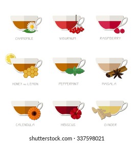 Flat icons of different kinds of  herbal and organic tea.