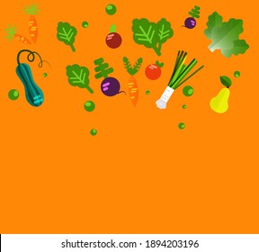 flat icons of different vegetables on orange background. Vector. Text area