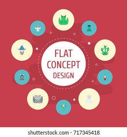 Flat Icons Dinosaur, Halo, Gnome And Other Vector Elements. Set Of Cartoon Flat Icons Symbols Also Includes Monster, Gnome, Elf Objects.