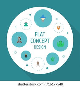 Flat Icons Dinosaur, Monster, Wizard And Other Vector Elements. Set Of Character Flat Icons Symbols Also Includes Character, Monster, Zombie Objects.