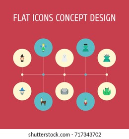 Flat Icons Dinosaur, Wizard, Halloween And Other Vector Elements. Set Of Cartoon Flat Icons Symbols Also Includes Illusionist, Troll, Horse Objects.