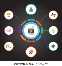 Flat Icons Discussion, Break, Support And Other Vector Elements. Set Of Projects Flat Icons Symbols Also Includes Money, Coffee, Deadline Objects.