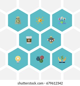 Flat Icons Discussion, Bulb, Financing And Other Vector Elements. Set Of Startup Flat Icons Symbols Also Includes Coffee, Support, Profit Objects.
