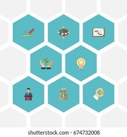 Flat Icons Discussion, Help, Schedule And Other Vector Elements. Set Of Idea Flat Icons Symbols Also Includes Money, Schedule, Light Objects.