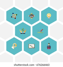 Flat Icons Discussion, Support, Schedule And Other Vector Elements. Set Of Startup Flat Icons Symbols Also Includes Plant, Bulb, Company Objects.