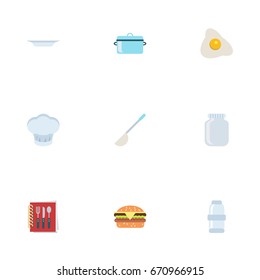 Flat Icons Dish, Chef Hat, Cooking Notebook And Other Vector Elements. Set Of Kitchen Flat Icons Symbols Also Includes Dish, Casserole, Recipe Objects.