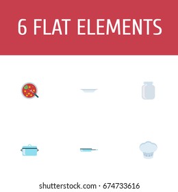 Flat Icons Dish, Chef Hat, Casserole And Other Vector Elements. Set Of Cooking Flat Icons Symbols Also Includes Plate, Saucepan, Pan Objects.