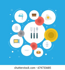 Flat Icons Dish, Glass Container, Electric Stove And Other Vector Elements. Set Of Food Flat Icons Symbols Also Includes Kitchen, Saltshaker, Bakery Objects.