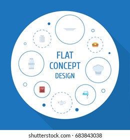 Flat Icons Dish, Teapot, Glass Container And Other Vector Elements. Set Of Cooking Symbols Also Includes Salt, Chef, Dishware Objects.
