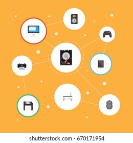 Flat Icons Diskette, Computer Mouse, Printer And Other Vector Elements. Set Of Laptop Flat Icons Symbols Also Includes Router, Tablet, Mouse Objects.