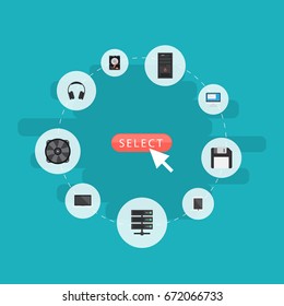 Flat Icons Diskette, Display, Hard Disk And Other Vector Elements. Set Of Laptop Flat Icons Symbols Also Includes Earmuff, System, Database Objects.