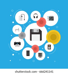 Flat Icons Diskette, Earphones, Datacenter And Other Vector Elements. Set Of Laptop Flat Icons Symbols Also Includes Diskette, Storage, Drive Objects.