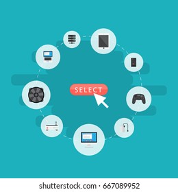 Flat Icons Display, Laptop, Storage Device And Other Vector Elements. Set Of Laptop Flat Icons Symbols Also Includes Monitor, Cooler, Drive Objects.