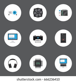 Flat Icons Display, Printer, Laptop And Other Vector Elements. Set Of Computer Flat Icons Symbols Also Includes Slideshow, Projector, Play Objects.