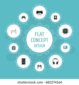 Flat Icons Display, Printer, Router And Other Vector Elements. Set Of Computer Flat Icons Symbols Also Includes Display, System, Joystick Objects.
