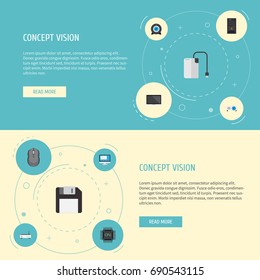 Flat Icons Display, System Unit, Storage Device And Other Vector Elements. Set Of Laptop Flat Icons Symbols Also Includes Wifi, Router, Storage Objects.