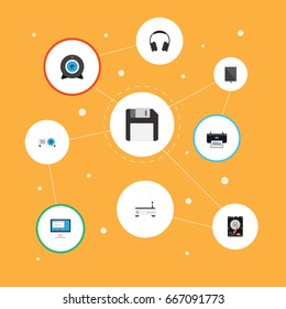 Flat Icons Display, Web Cam, Router And Other Vector Elements. Set Of Laptop Flat Icons Symbols Also Includes Camera, Projector, Disk Objects.